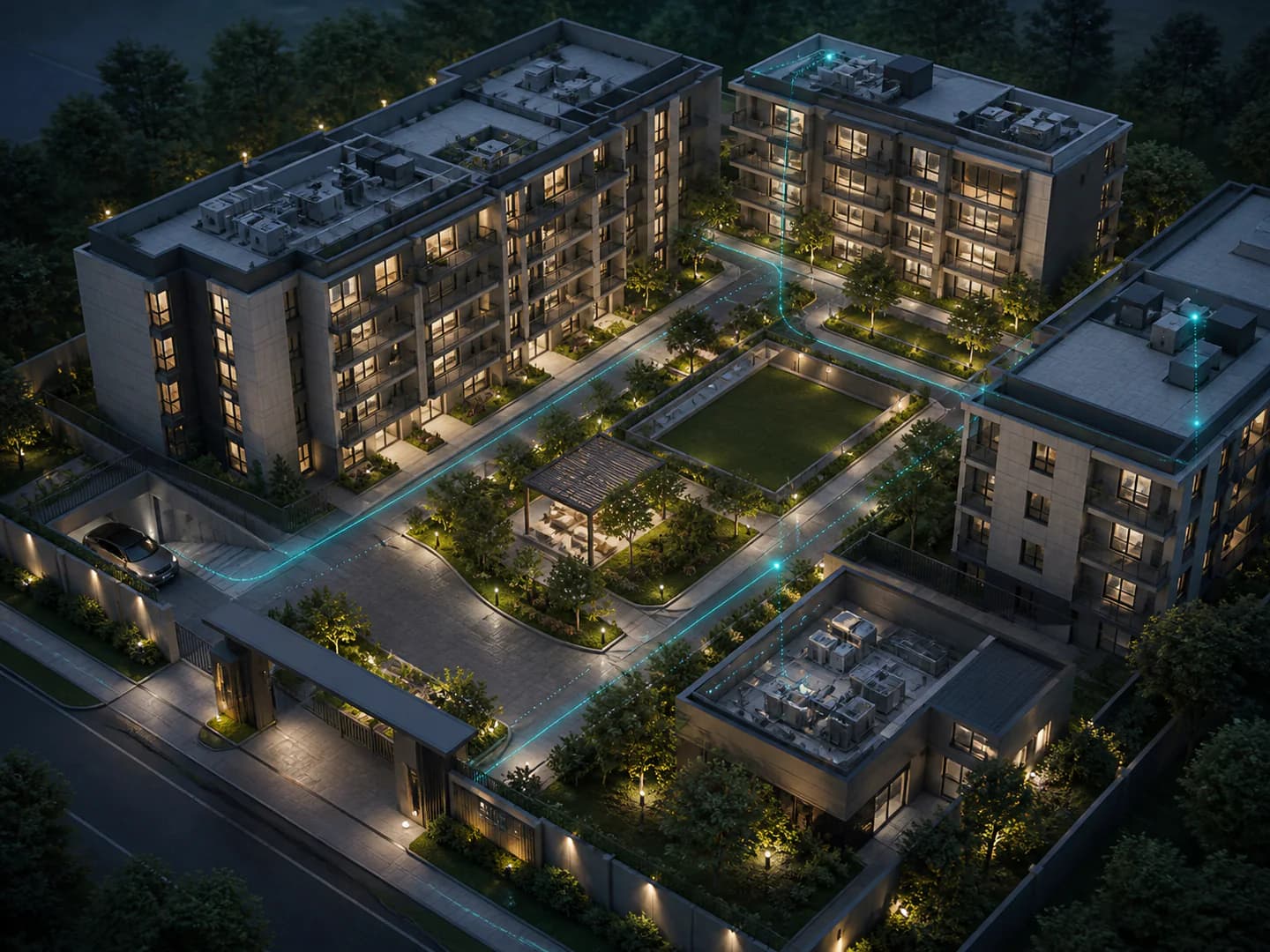 Site, ortak alan ve teknik altyapı koordinasyonunu temsil eden konut kompleksi dijital modeli
